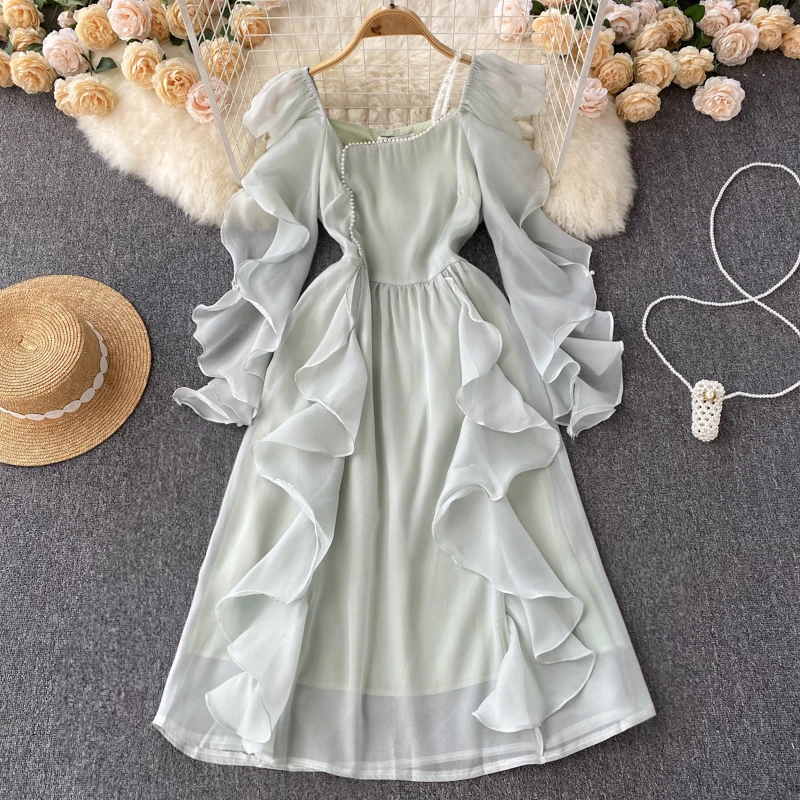 

Women New Fashion Slim Waist Long Sleeved A-line Dress Ruffle Summer Chic Square Neck Elegant Vestidos De Mujer فستان Robe H744