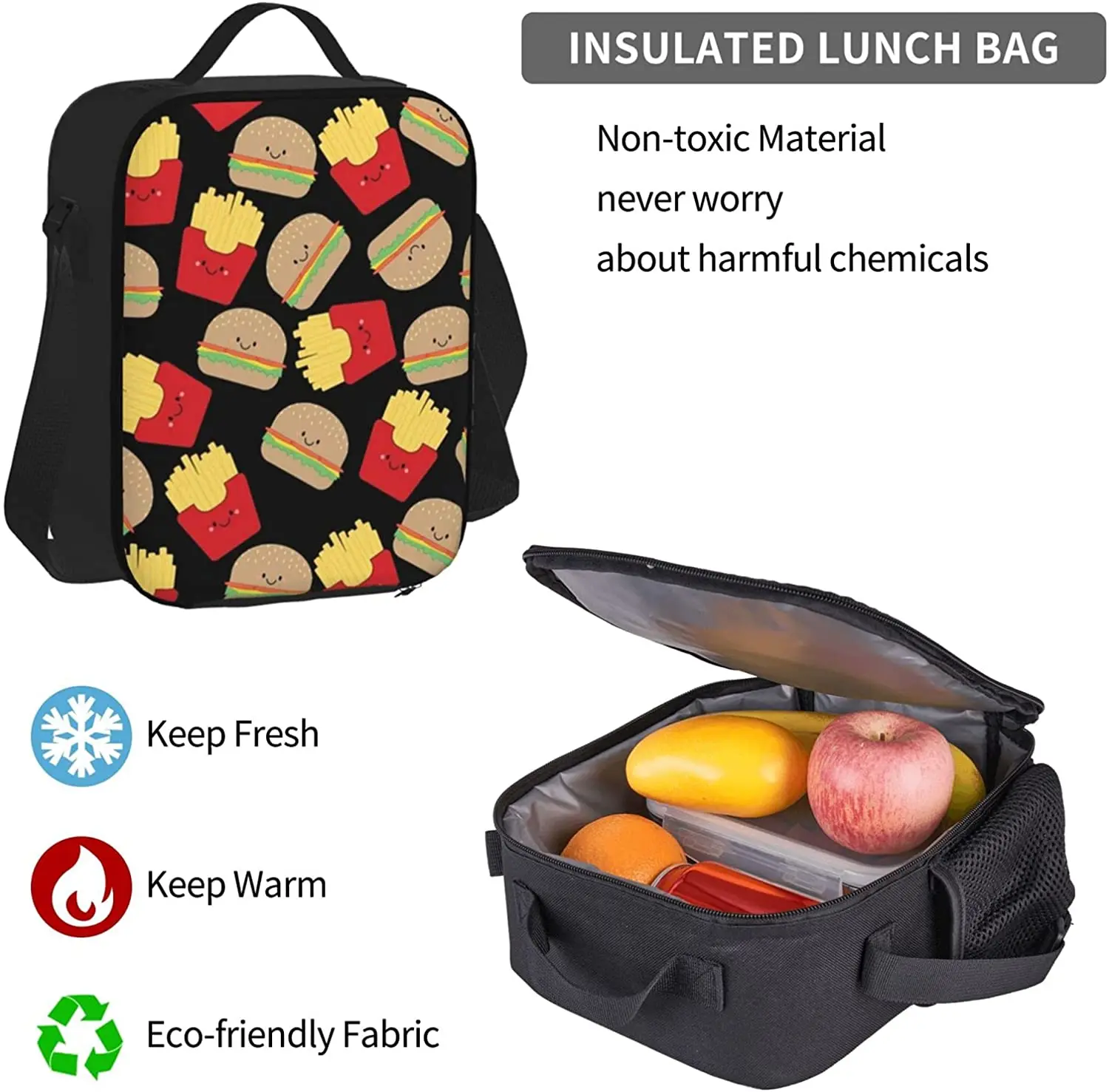 Burger Fries On Black Backpack Set 3-Piece Teen Boys Girls Backpack Messenger Lunch Bag Pencil Case Set