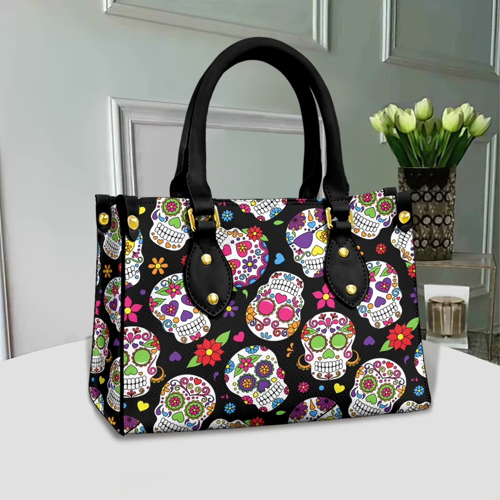 

FORUDESIGNS Ladies Street Leisure Bags Sugar Skull 3D Print Shopping Bags Convenient Handbags Luxury Design Top-handle Feminina