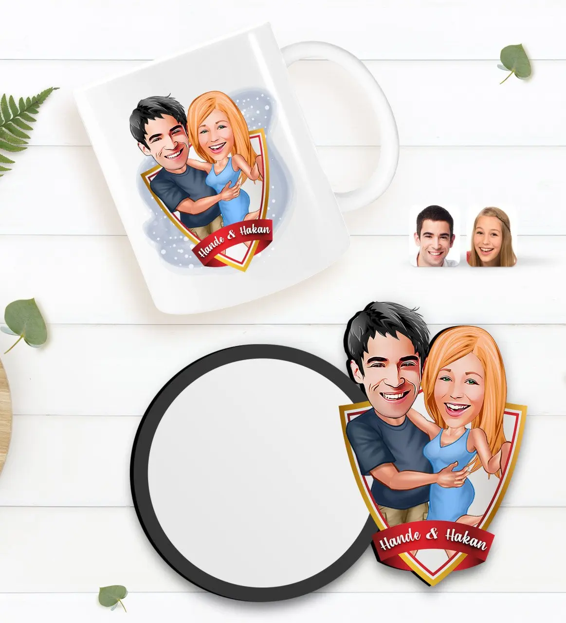 

Персонализированная карикатура на День святого Валентина, белая кружка и деревянная подставка в подарок