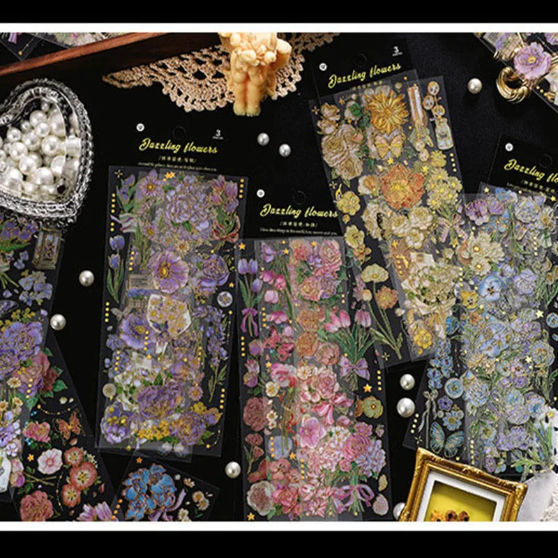 

3pcs Three-Dimensional Hot Stamping Stickers Seasons Flower Plants Vintage Decorative Srickers PET Label Diary Album Stationery