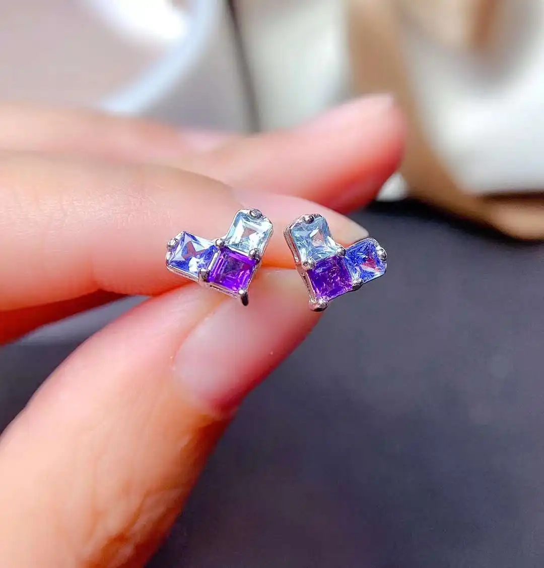 

grace triangle Pillow Natural blue tanzanite stud earrings 925 silver natural amethyst topaz earrings girl party gift jewelry