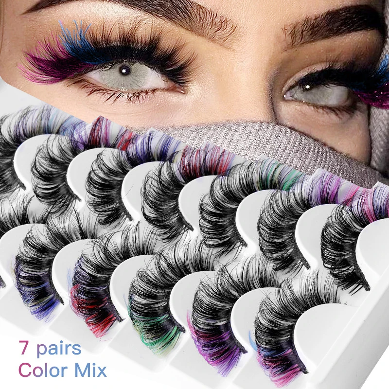 

2022 7 Pairs DD Curl Fluffy Russian Volumes Colorful False Eyelashes New Natural Thick Reusable Lashes 3D Faux Mink Eyelashes