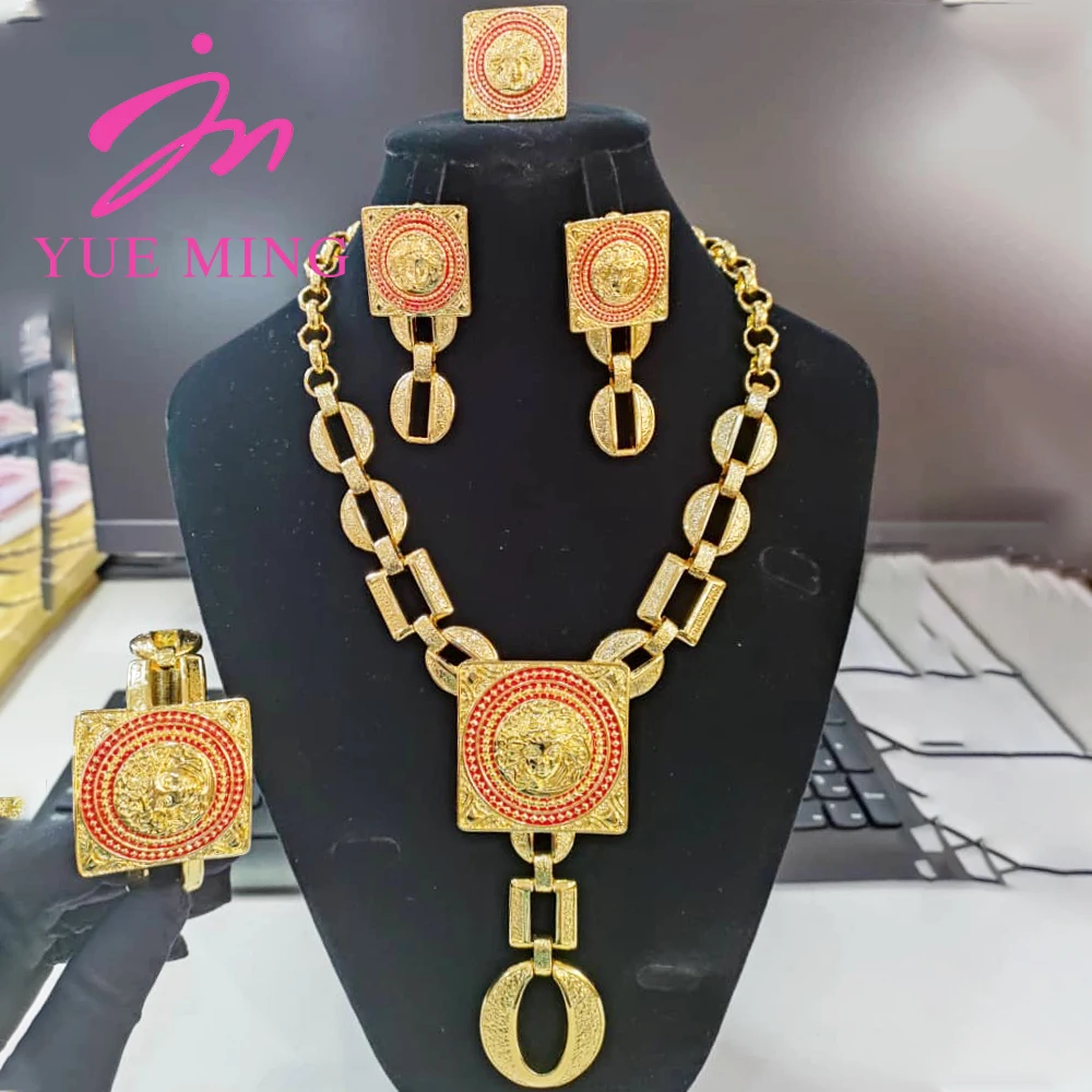 

YM Luxury Gold Plated Jewelry Set For Women Dubai Bridal Wedding Copper Necklace Earrings Bracelect Rings African Choker Gifts