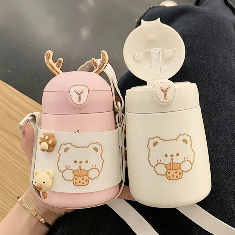 

350ML Cartoons Stainless Steel Vacuum Flask Coffee Tea Milk Travel straw Cup Cute Bear Water Bottle Insulated Thermos