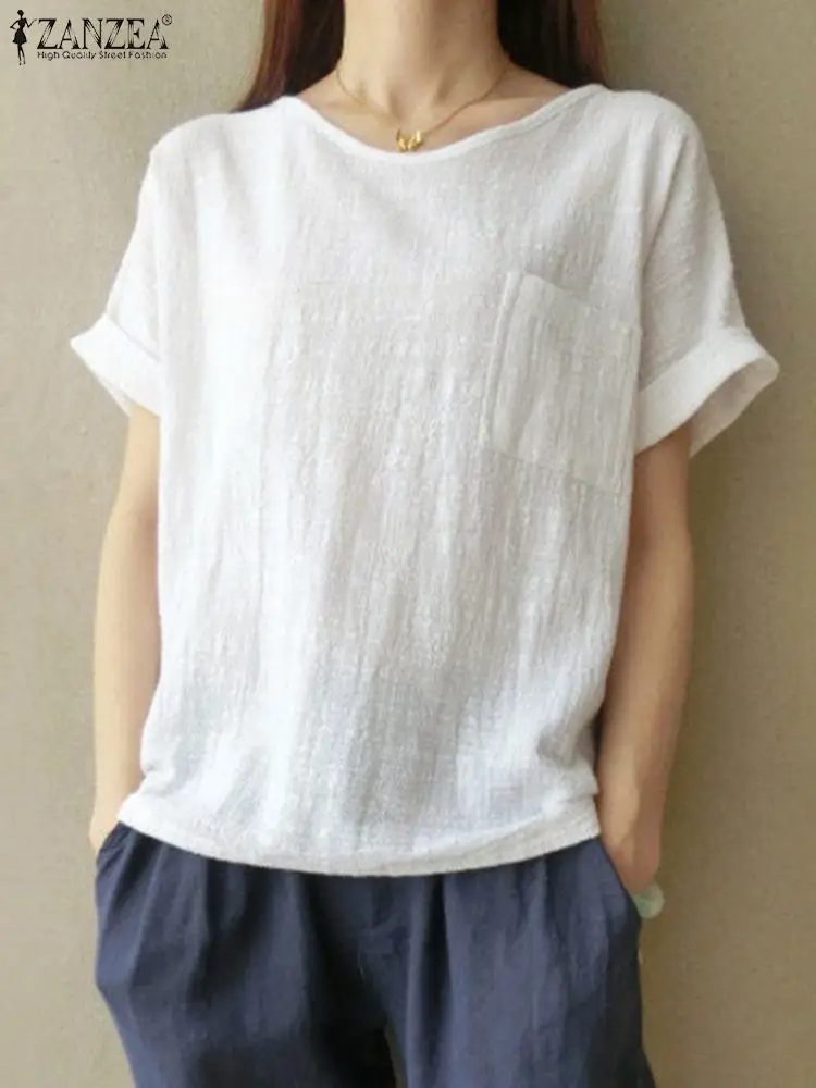 

Oversize 2022 ZANZEA Summer Blouse Women Vintage O Neck Short Sleeve Solid Tops Casual Loose Basic Shirt Cotton Blusas Chemise