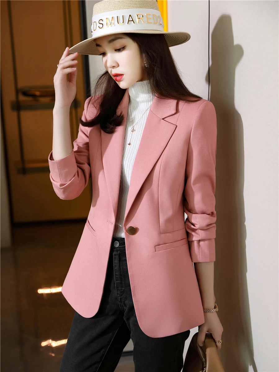 

Women Chic Office Lady Pink Blazer Notched Collar Vintage Coat Long Sleeve Ladies Outerwear Stylish Tops Pockets Jackets Femme