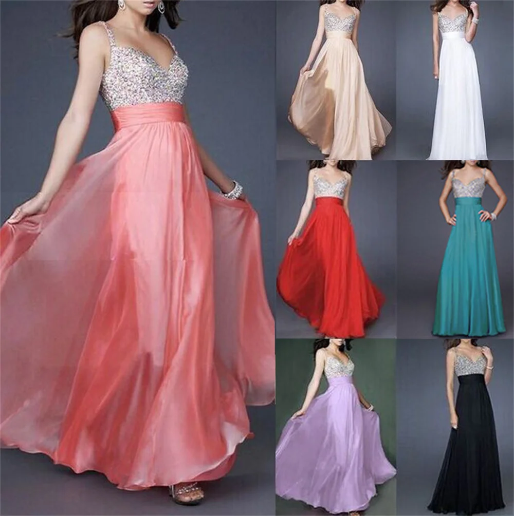 Women Chiffon Party Dress Sexy Spaghetti Deep V-neck Dress Fashion Slim Waist Sequins Patchwork A-Line Prom Evening Dresses