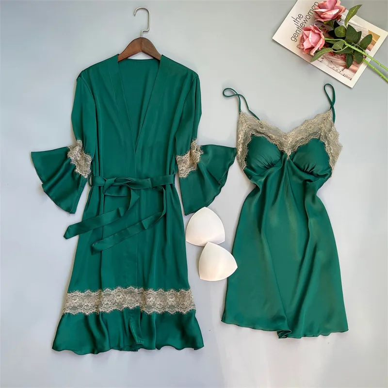 

Sexy Court Style Nighty&Robe Set Women Spring Summer Sleepwear Nightgown Patchwork Lace Kimono Bathrobe Gown Loose Home Dress