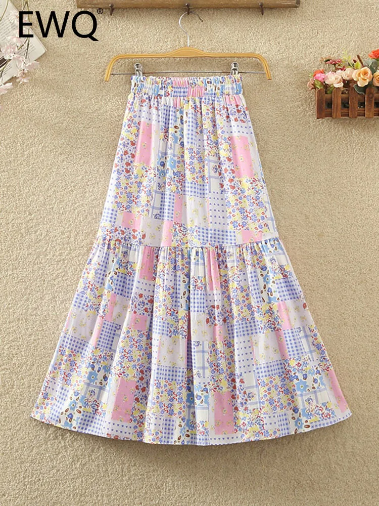 

EWQ Sweet Style Chic Women's Skirt Contrast Color Plaid Print Pleated Patchwork High Waist A-line Skirts Autumn 2023 New SN3330