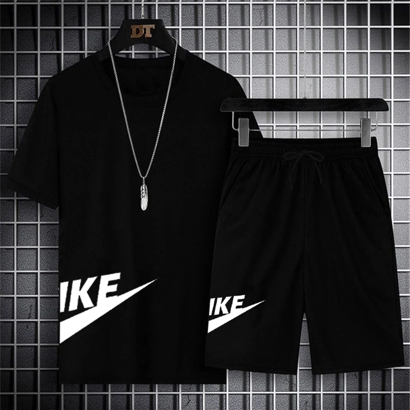 Men's Two Pieces Sets Summer Casual Men's Clothing Tracksuit Men Print Short Sleeve Sets Mens T-shirt+shorts Fitness Sportswear