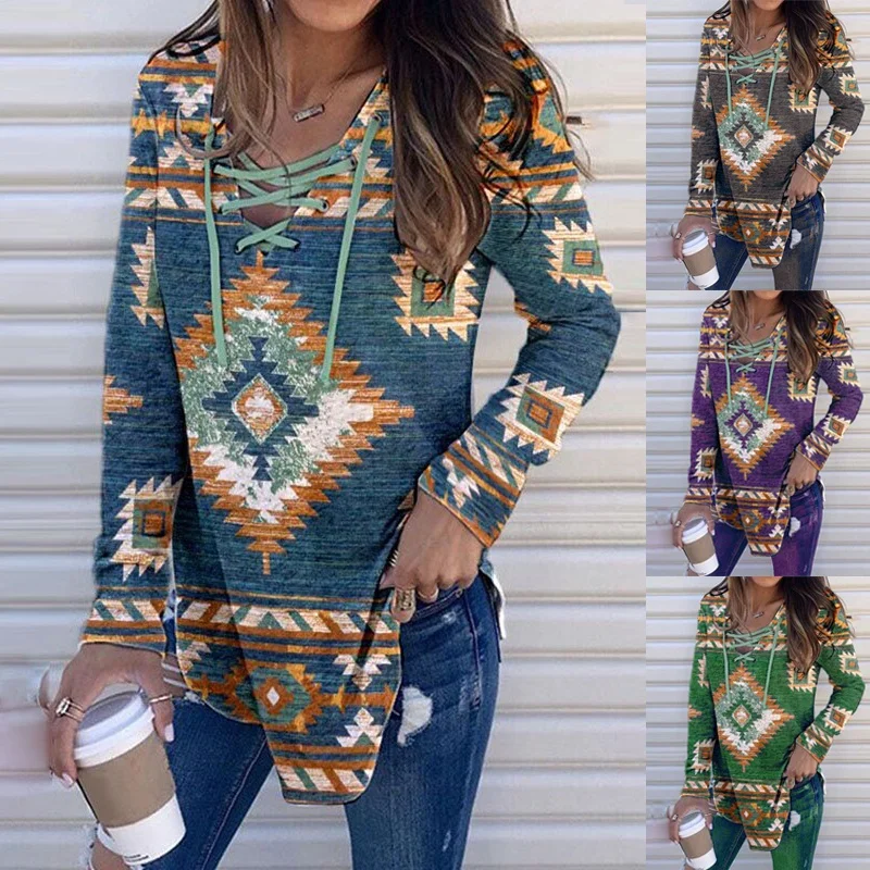 2023 Summer Women Top Ethnic Style Casual Printing Fashion Lace Up Pullover Versatile Shirt Casual Long Sleeve Loose T-Shirt