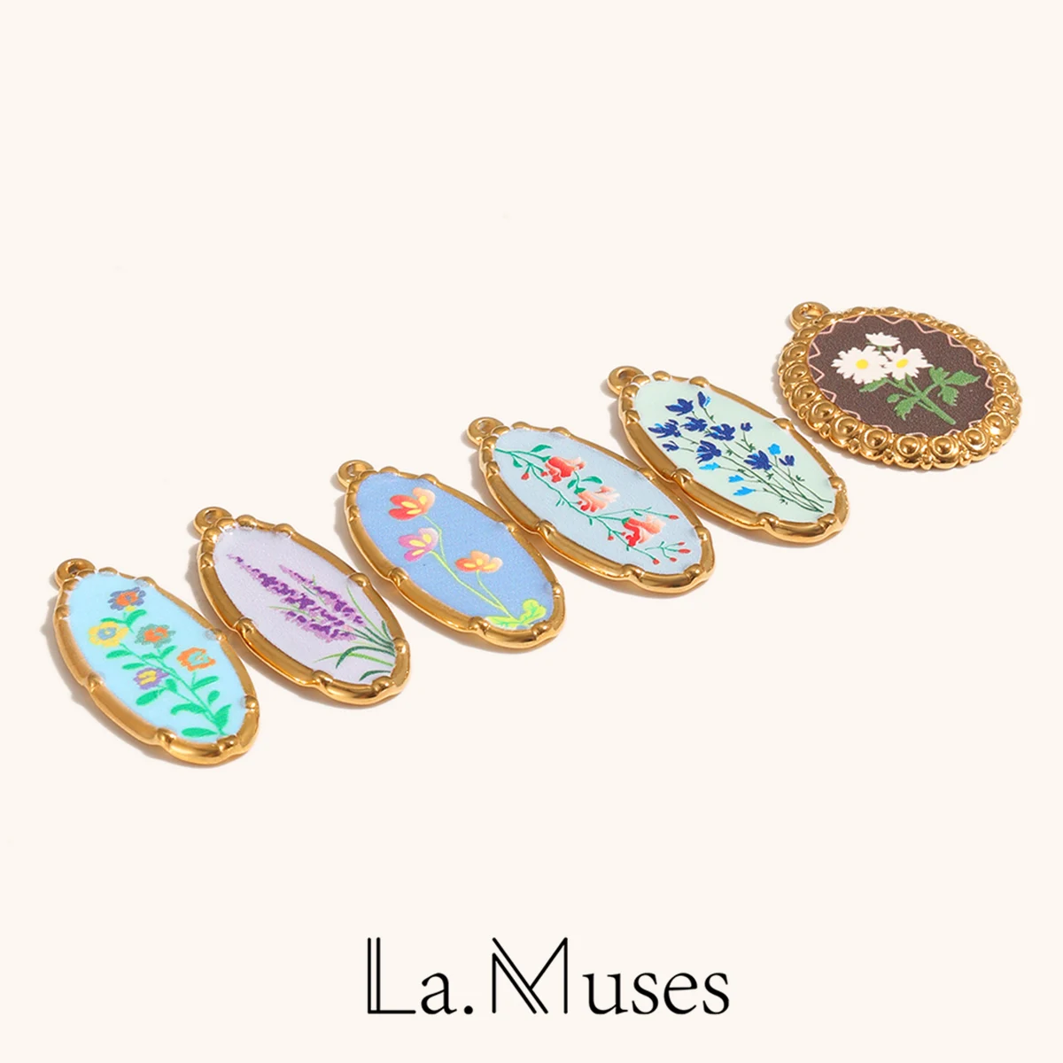 Фото Ла. Подвеска-шарм Muses Flower Oval из нержавеющей стали с PVD-покрытием под золото, модное украшение для ожерелья и браслета №1
