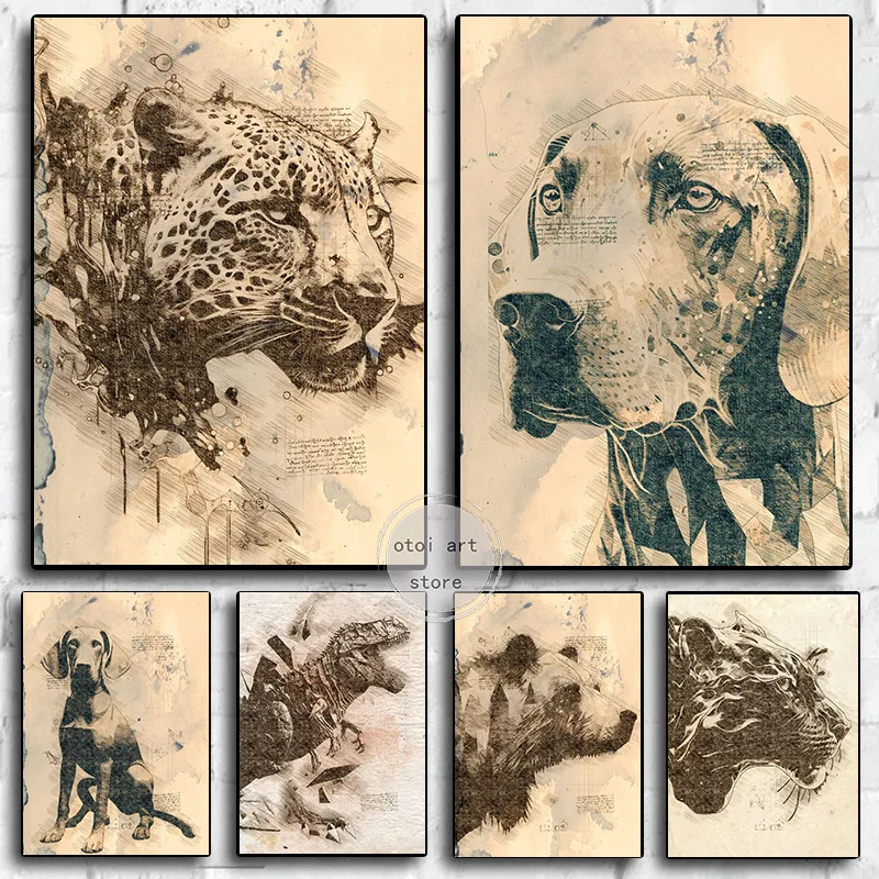 Sketch Style Art Posters Weimaraner Dog Jaguar Bear Dragon Animal Canvas Painting Wall Prints Picture Home Decor