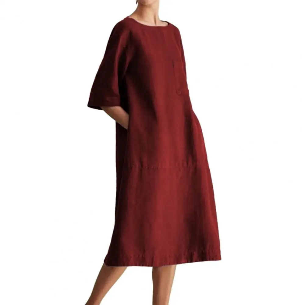 

Vintage Summer Cotton Linen Dress Casual Solid Color O Neck Half Sleeve Pocket Loose Women Dress Beachwear Summer Dresses