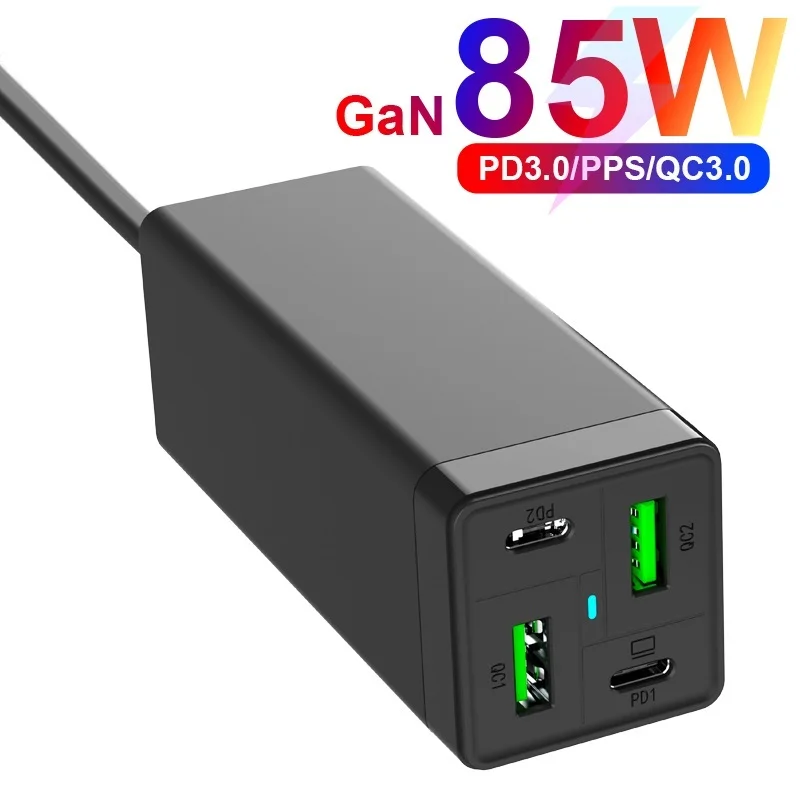 

2022 4-Port 85W GaN USB C Fast Charger, PD 65W PPS 45W 20W QC3.0 Power Adapter Supply For MacBook Laptop iPhone Xiaomi Samsung