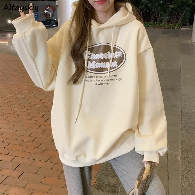 

Thicker Hoodies Women Keep Warm Design Letter Printing Sweatshirts Retro All-match Loose Harajuku Hooded Outwear Mujer Ulzzang