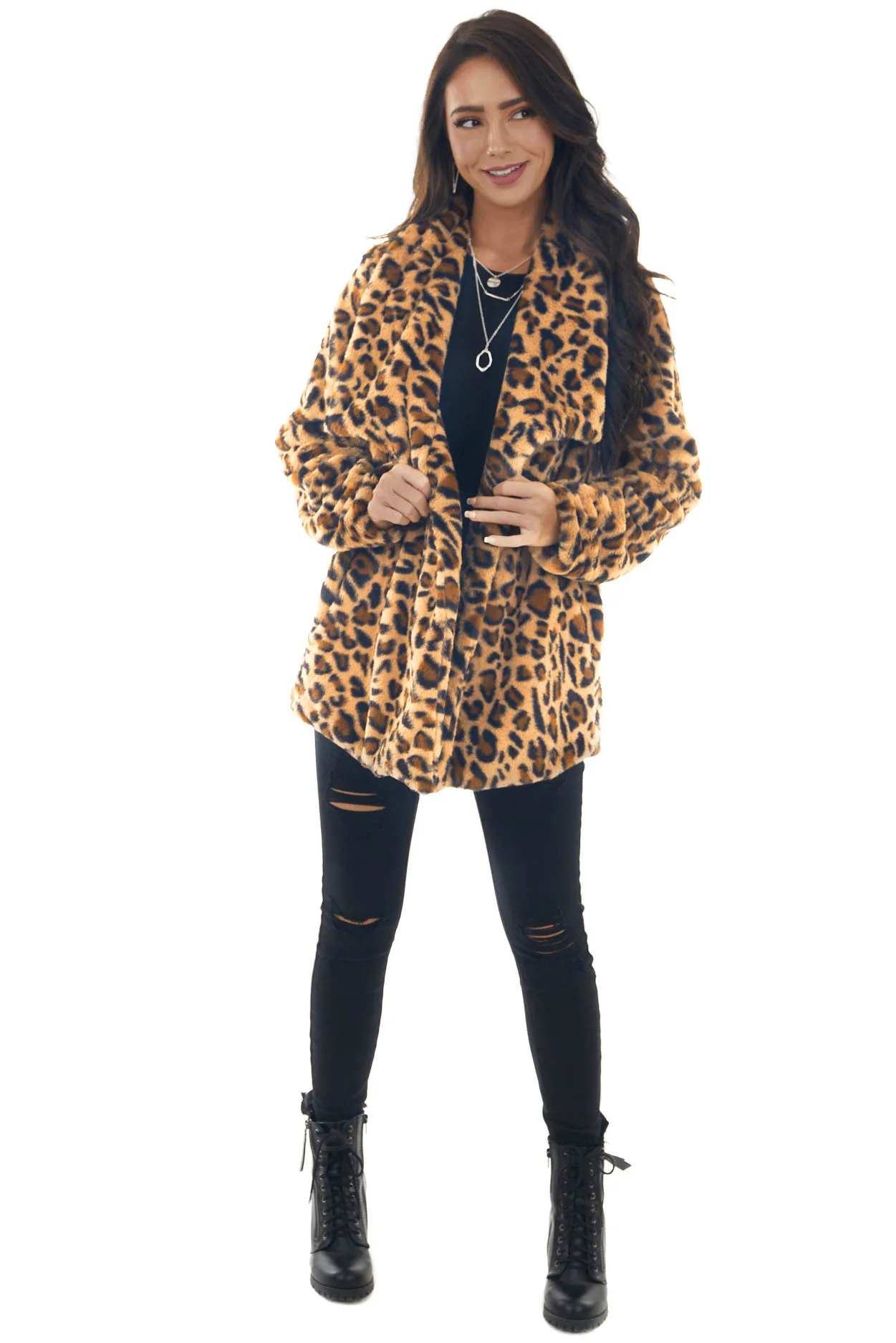 Winter Beltless Lapels Faux-fur Streetwear  Long-sleeved Leopard Fur Coat Women's Clothing Leopard Long Coats for lady