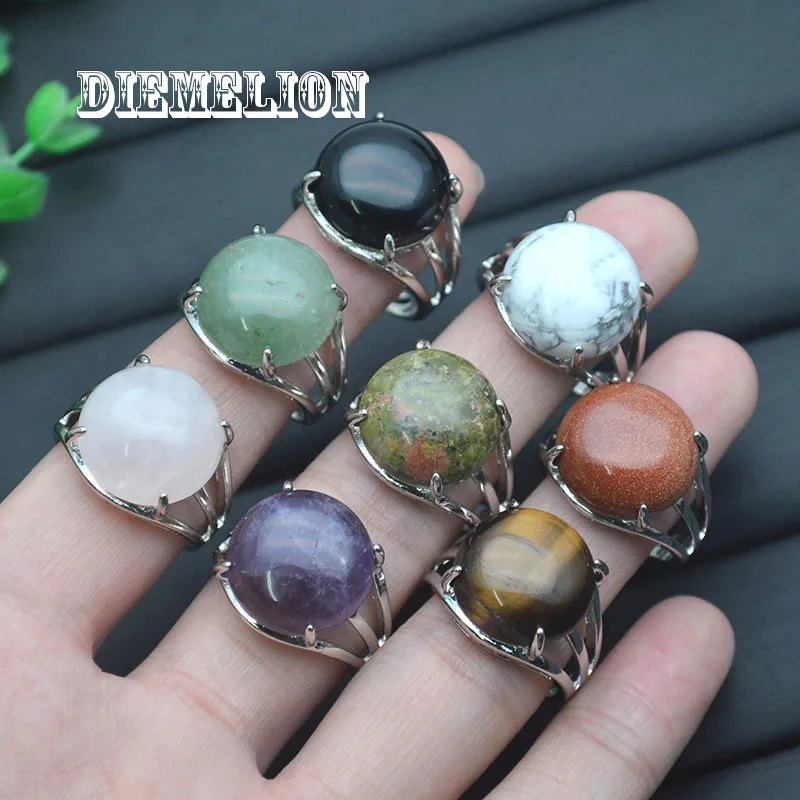 

16mm Round Natural Stone Rings Crystal Quartz Amethyst Sodalite Opal Turquoises Resizable Ring Women Men Fashion Jewelry