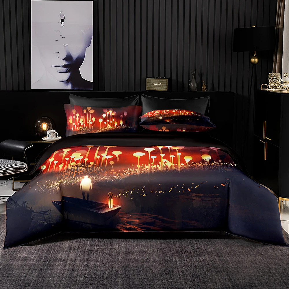 

Drifting Boat Bedding Set Bright Red Lamp Tree Duvet Cover and Pillowcase Quite Well Quilt Cover Queen King Bed Size Accessory