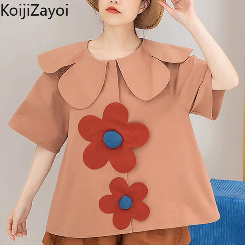 

Koijizayoi Kawaii Women Cute Blouse Summer Chic Shirt Short Sleeves Peter Pan Collar Blusas Flower 2022 New Outwear Blouses