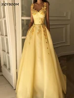 2022 women yellow prom dresses a line sweetheart tulle appliques flowers straps sleeveless long elegant evening gown dresses