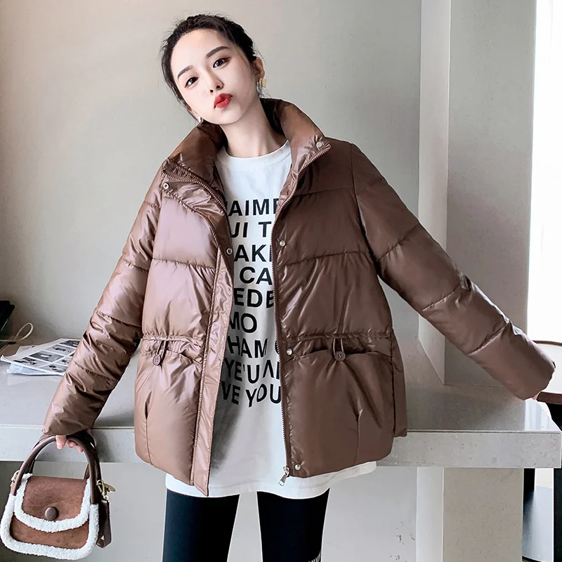 2022 Women Winter Padded Jacket Parkas Stand Collar Solid Bright Shiny Female Ladies Winter Coat Clothes Outerwear