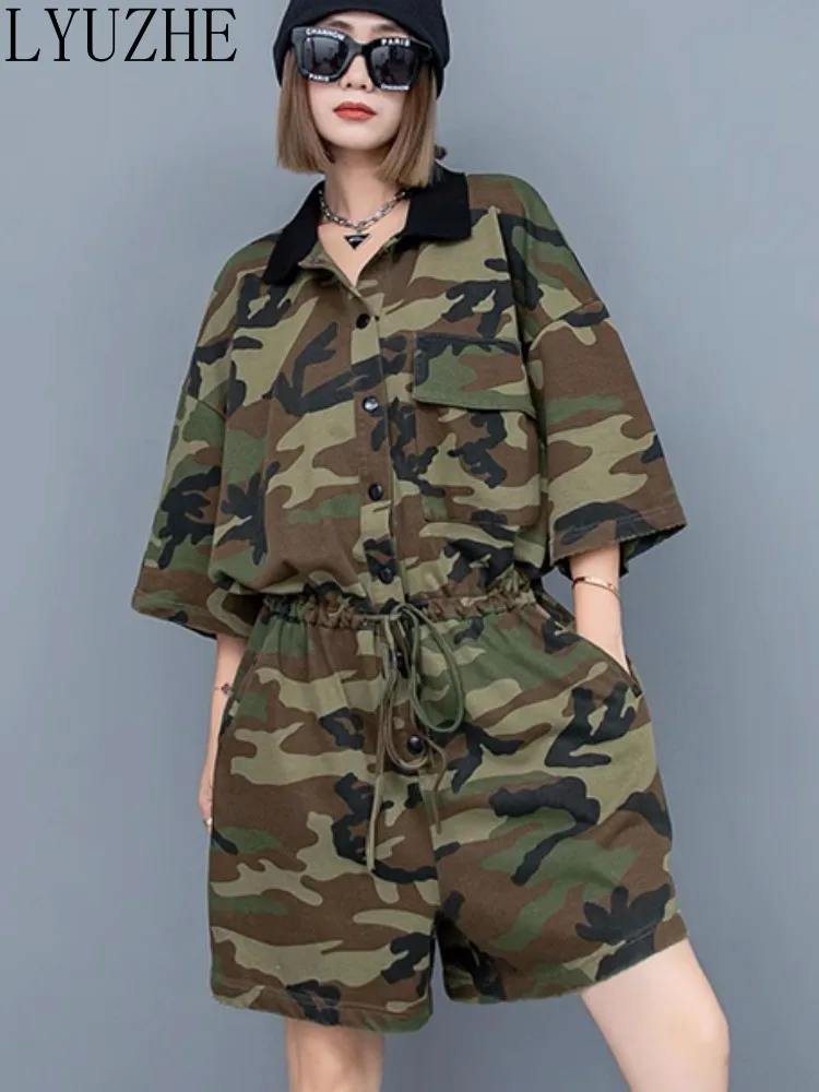 

LYUZHE Reduced Age Female Playsuits Army Green Camouflage Jumpsuit Women 2023 Summer Loose Casual Drawstring Rompers ZXF421A