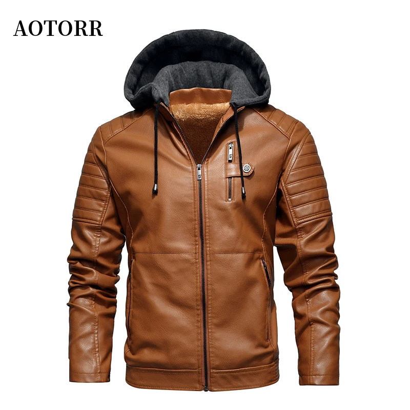 

New Men Leather Jackets Autumn Winter Men's Fleece Hooded PU Jacket Motorcycle Biker Fashion Coats Male Hat Detachable Warm Tops
