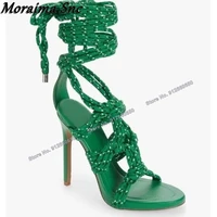 moraima snc green rope decor stilettos sandals for women lace up solid heels thin high heels cut out wedding shoes on heels