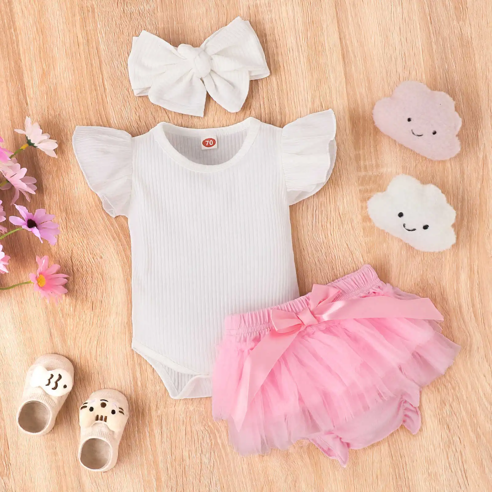 Newborn Body Suit Toddler Clothes Set Baby Girl Flying Sleeve Tops+Lovely Gauze Skirt+Headdress 3Pcs Set Summer Infant Clothing