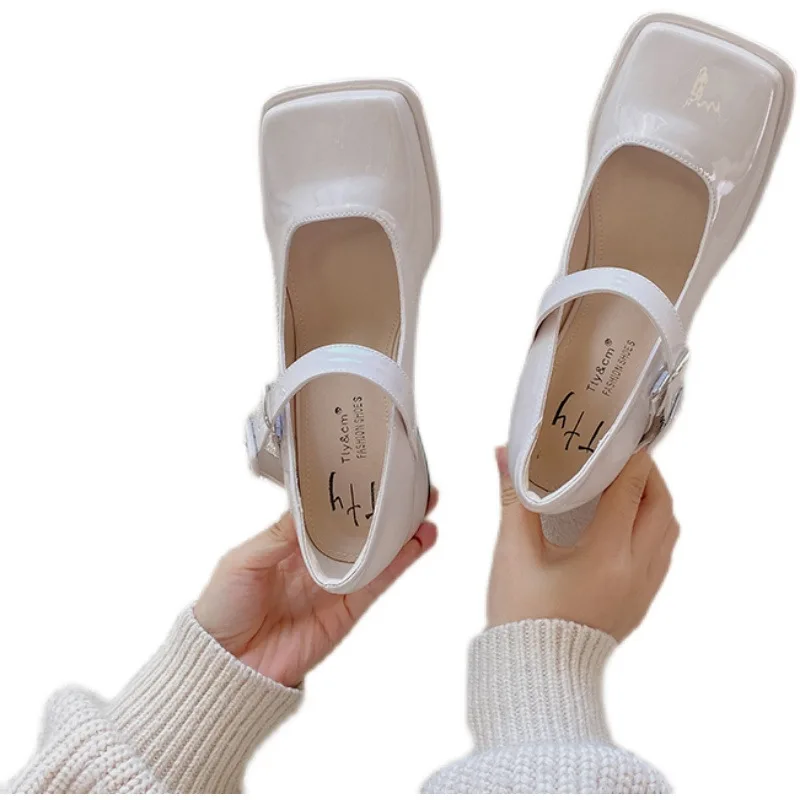 2022 Women Flat Shoes Solid Color Retro Simple Low Heeled Single Shoes Square Toe Mary Jane Shoes Spring and Autumn
