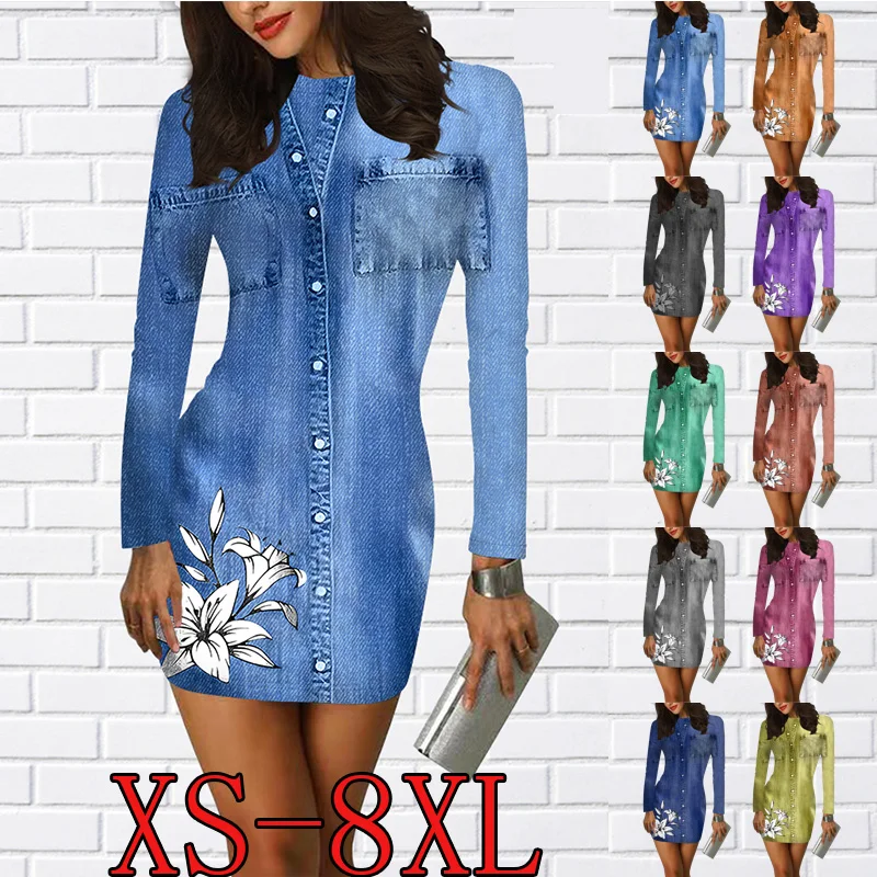 

2022 Women Fashio Autumn Winter Slim Skirt Contracted Wind Short Skirt Flower Print Long Sleeve Skirt Round Collar Dress XS-8XL