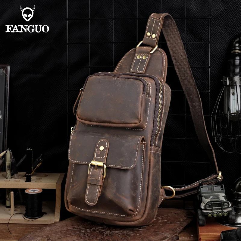 Men's Chest Bag Handmade Genuine Leather Chest Sling Bag Male Cross-Body Bag Travel Crazy Horse Leather Chest Shoulder Bag