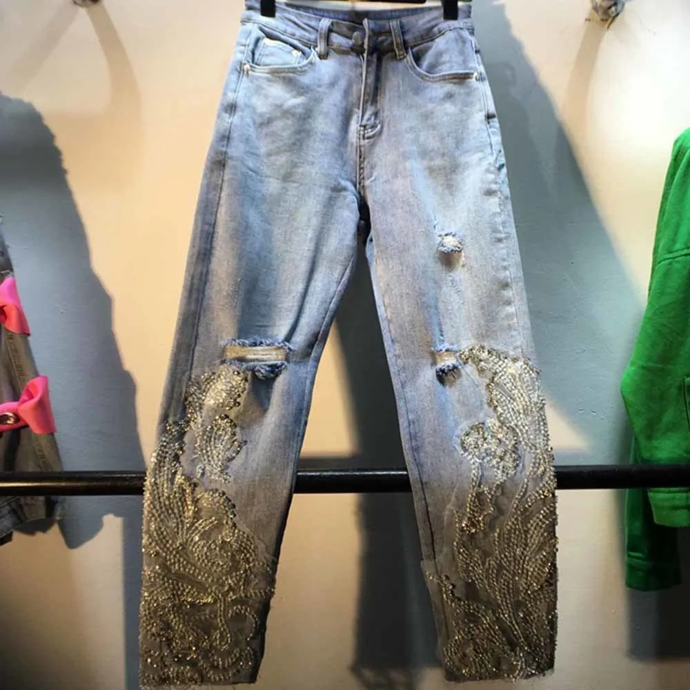 

Summer lace rhinestones Jeans Women Stretch Slim High Waist Denim Pants Femme Skinny Trousers Trendy 2022 Clothing