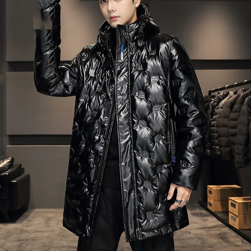 Authentic medium length white eiderdown warm down jacket men's bright face down jacket men's new winter hooded coat