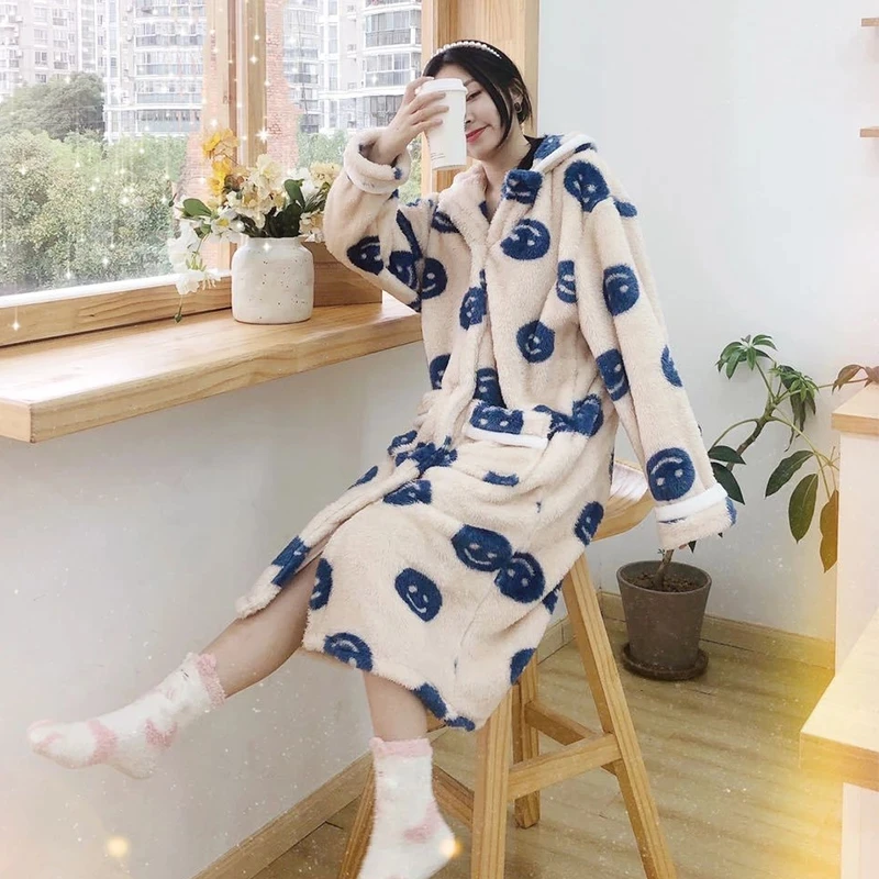 Fleece Women Cute Bathrobe Autumn Winter Ladies Long Sleeve Robe Flannel Thicken Single Breasted Dressing Gown for Female