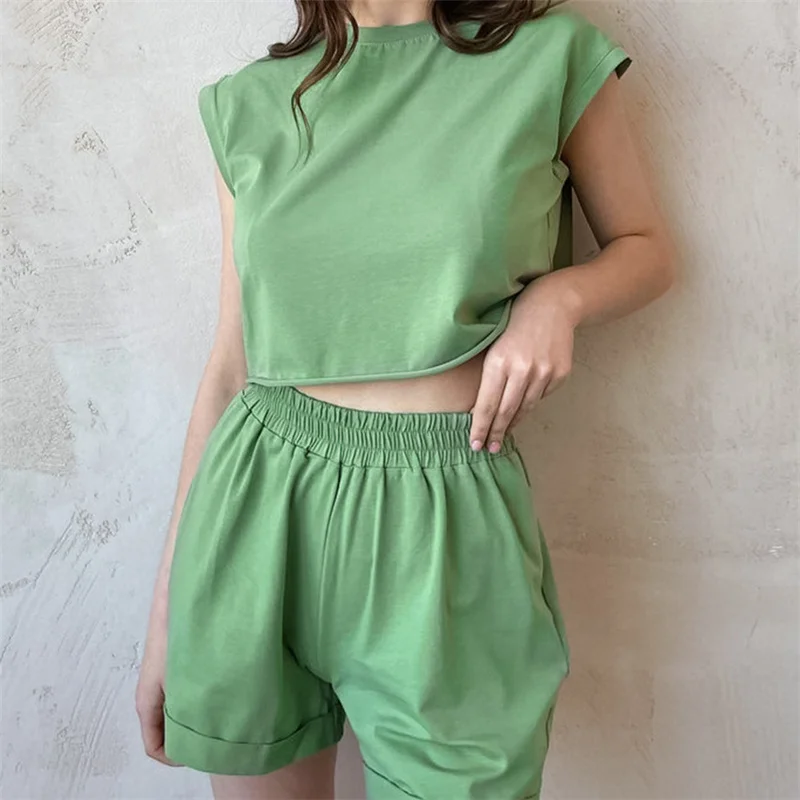 Women's Sports Shorts Suit Summer Casual Green Two Piece Set Casual O-Neck Tops And Wide Leg Shorts Female Streetwear Tracksuits