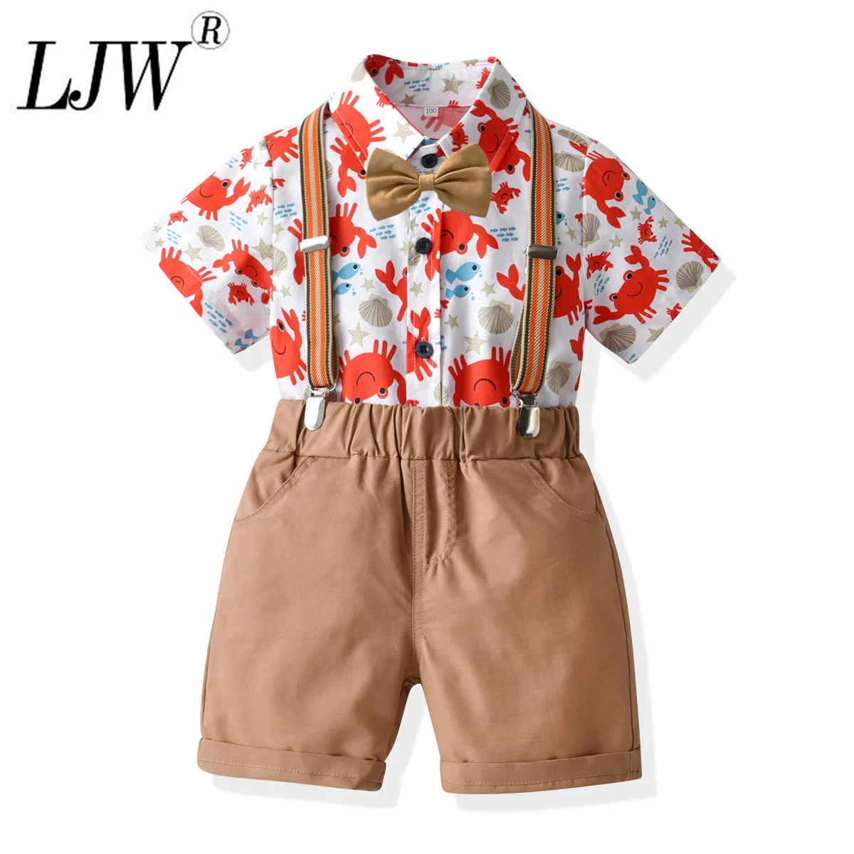 

0-6 years old boy cartoon printing short-sleeved shirt suspender shorts suit small and medium children's treasure spring dress