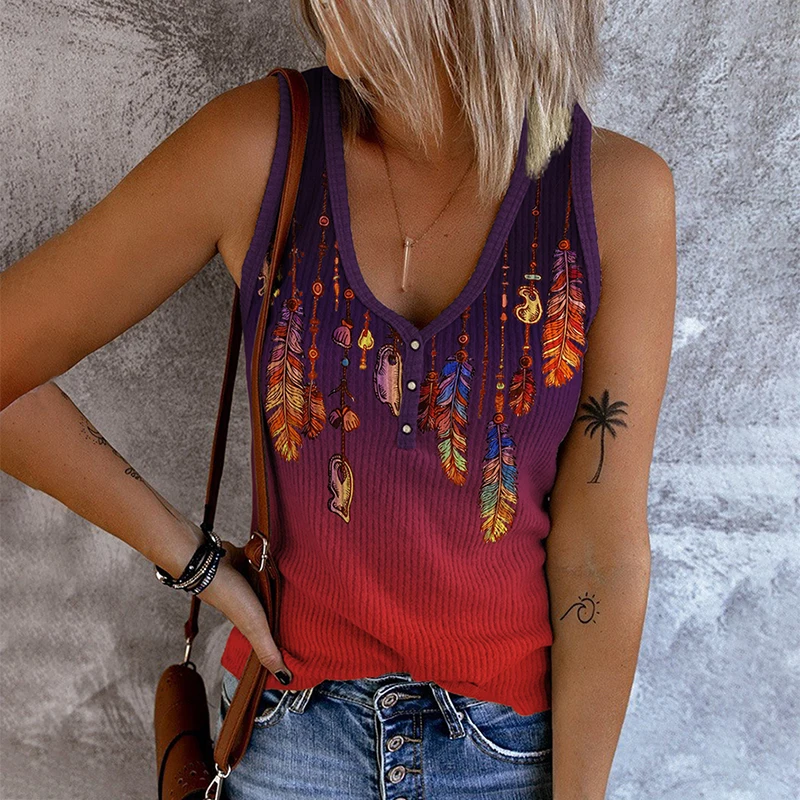 

Gradient Purple Feather Button V-Neck Tank Top