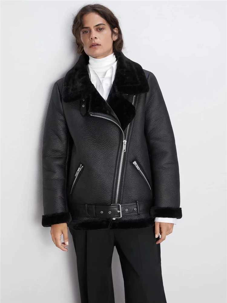 KEYANKETIAN Women's Faux Fur One Thickened Jacket Mujer Winter Unisex High Street Style Diagonal Zipper Warm PU Leather Jacket