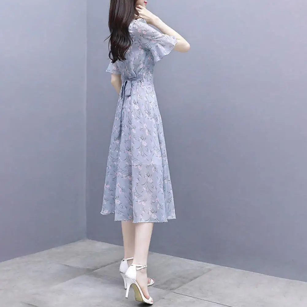 

Floral Print A-line Midi Dress with Ruffle Hem Lace Up Belt Short Sleeves Women's Summer Fashion
