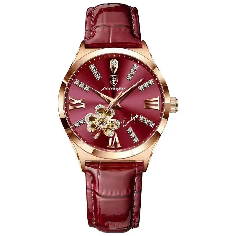 POEDAGAR Popular Waterproof Women's Watch Calendar Quartz Cowhide Watch Lucky Clover Series Blue Synthetic Gem Glass Mirror