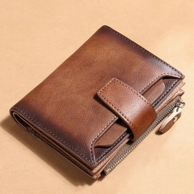 Men's Short Leather Wallet Full Head Classic Retro Brown Leather Multi Card Large Capacity Leisure Wallet Driver's License Walle