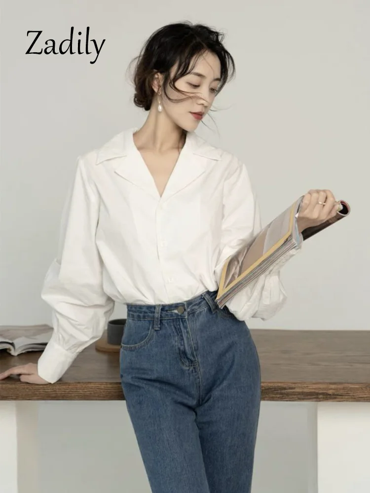 

2023 Autumn Office Lady Long Sleeve Women White Shirt Loose Button Up Solid Color Woman Blouse Work Female Top Clothing