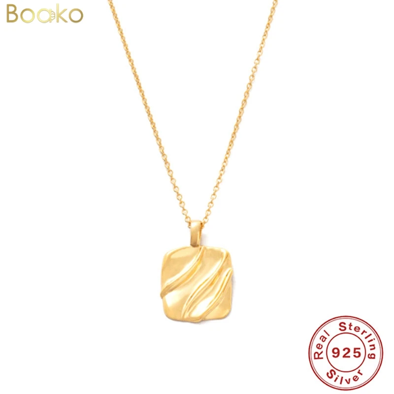 

BOAKO 925 Sterling Silver Vintage Necklaces for Women Elegant Sparkling Chains Irregular Texture Round Square Pendant Jewelry