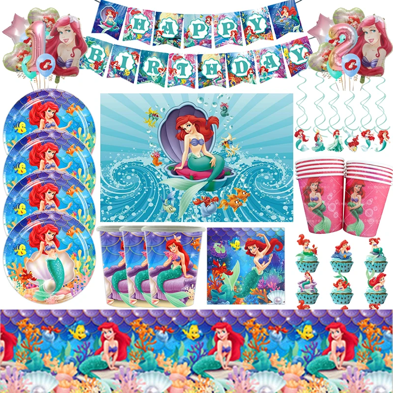 

Новое украшение для вечеринки в честь Дня Рождения маленькой Русалочки Ариэль для девочек столовые приборы тарелки салфетки воздушные шары для свадьбы детского праздника