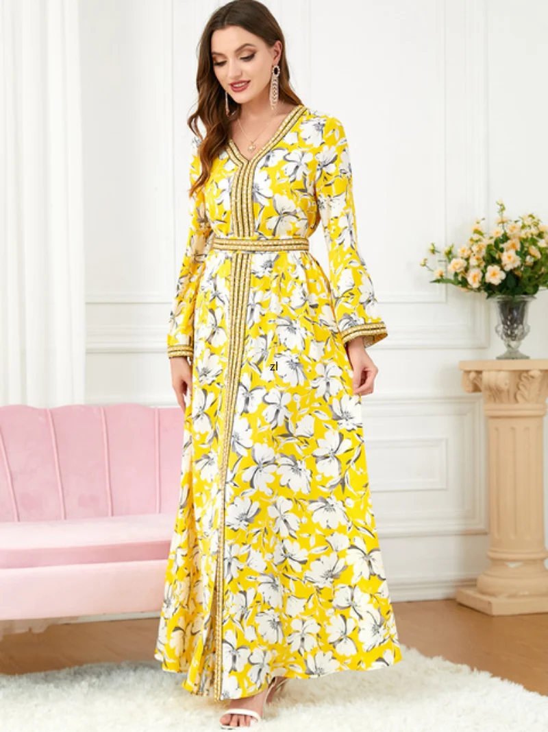Abayas For Women Long-Sleeve Dresses Ethnic Flower Print Sequins Lace Tape Muslim Dress Kaftan Jebba Traditional Arabic Woman