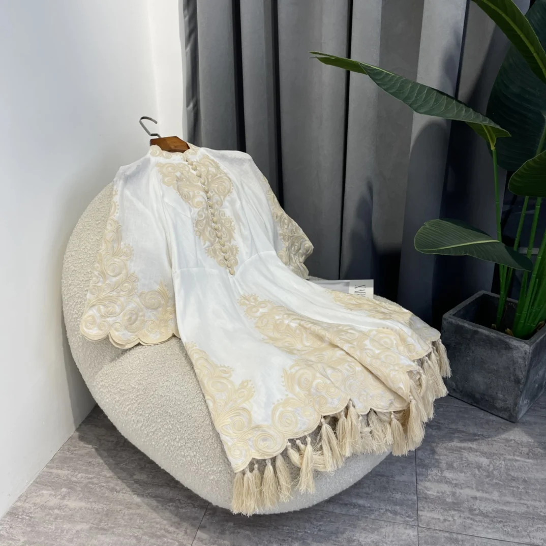 

High Quality New Arrival 2022 Summer Placement Embroidery Half Sleeve Wave Hem Tassel Linen Mini Indie Folk Dress Woman