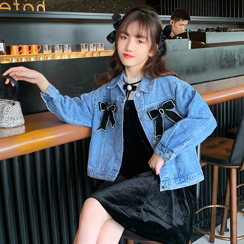 

Girls denim jacket autumn 2022 new little girl denim jacket bow short fashionable top